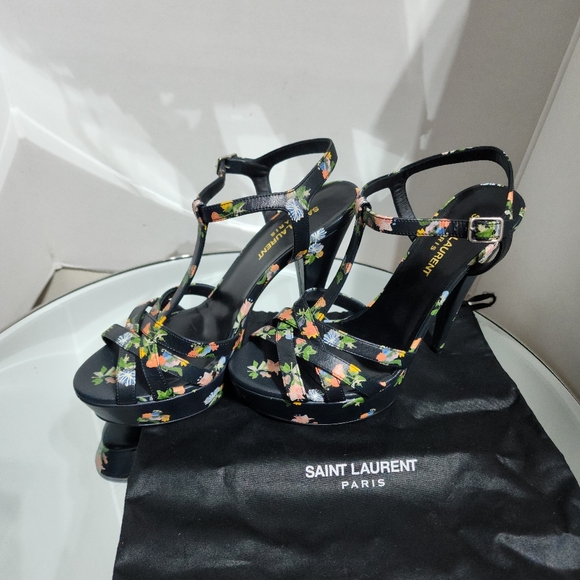 Saint Laurent Floral Print Pumps Tribute Black Leather Heels Size 38 - Picture 10 of 10